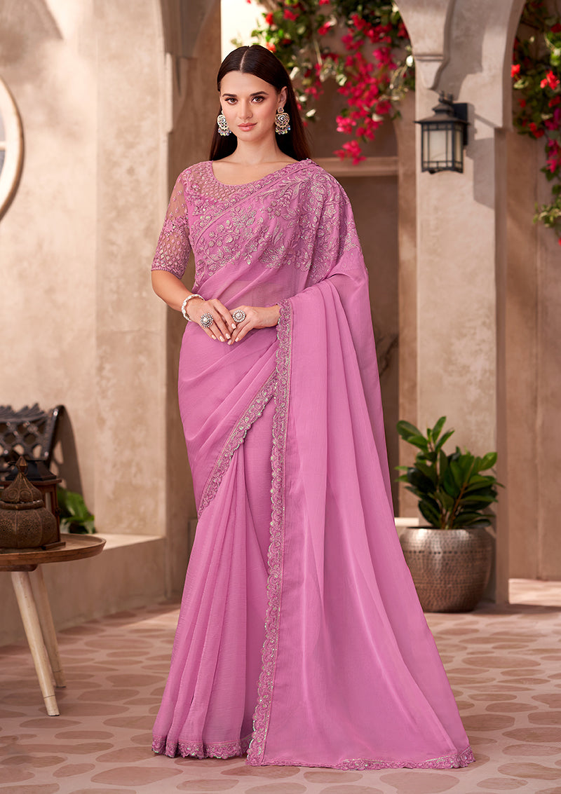 Monjolika Fashion Pink Color Embroidery Work Chiffon Silk Party Wear Saree - Distacart