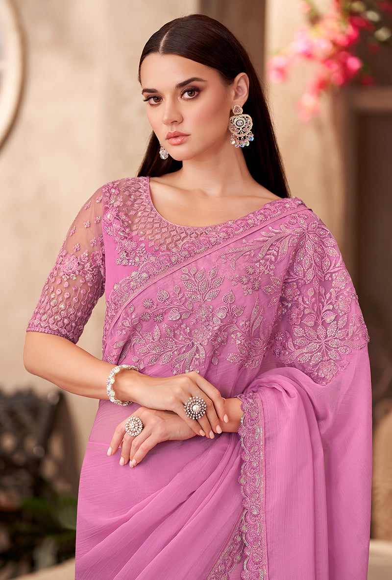 Monjolika Fashion Pink Color Embroidery Work Chiffon Silk Party Wear Saree
