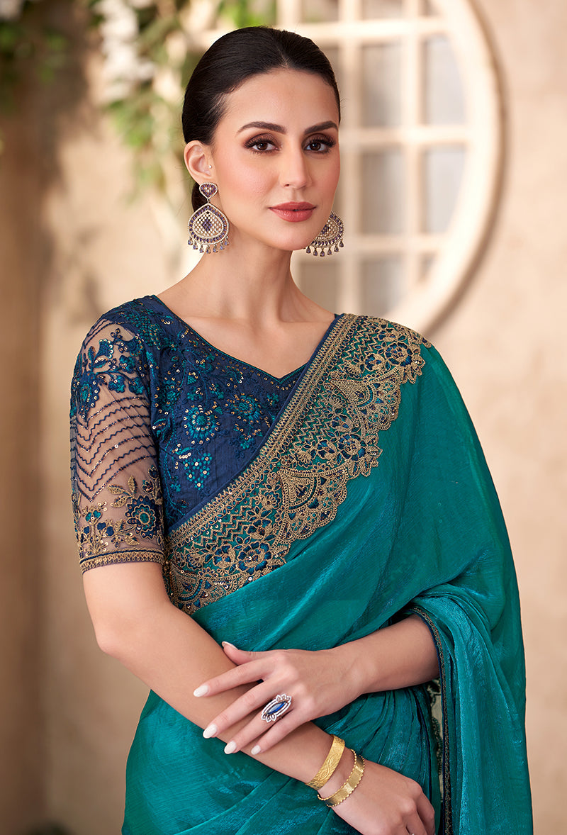 Monjolika Fashion Teal Color Embroidery Work Chiffon Silk Party Wear Saree