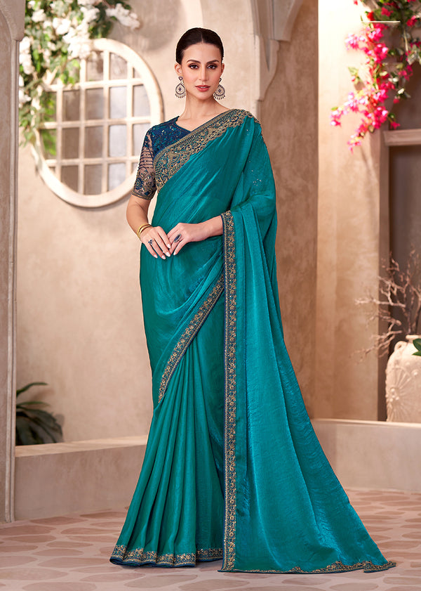 Monjolika Fashion Teal Color Embroidery Work Chiffon Silk Party Wear Saree