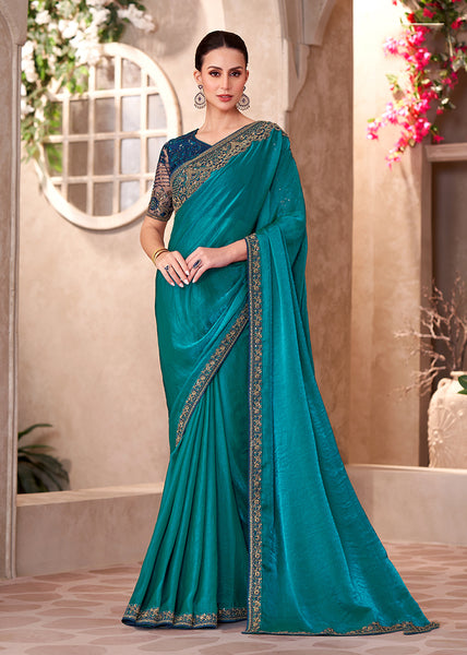 Monjolika Fashion Teal Color Embroidery Work Chiffon Silk Party Wear Saree