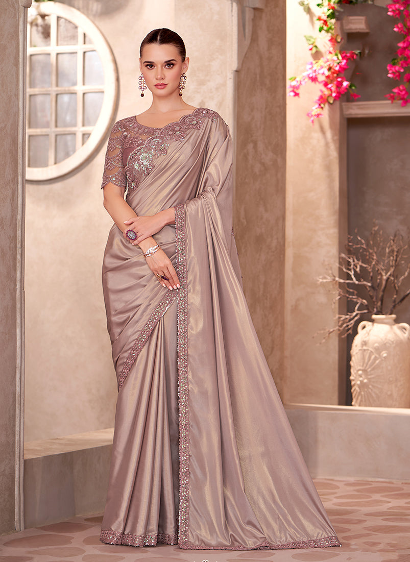 Monjolika Fashion Beige Color Embroidery Work Shimmer Silk Party Wear Saree