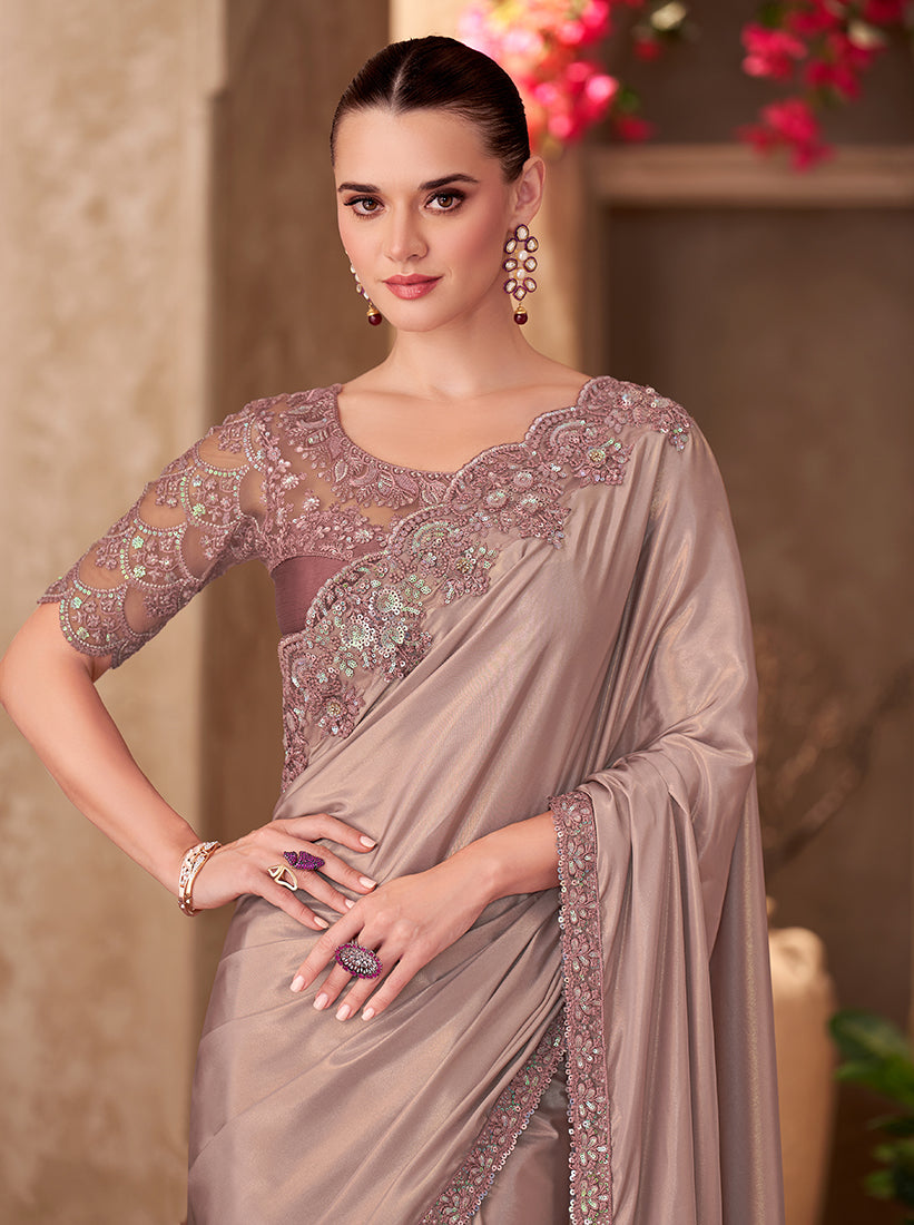 Monjolika Fashion Beige Color Embroidery Work Shimmer Silk Party Wear Saree