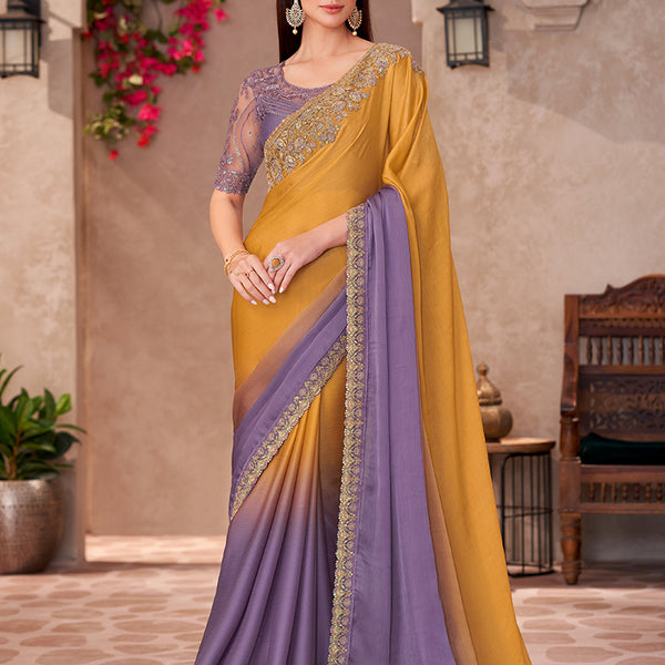 Monjolika Fashion Mustard & Lavender Purple Embroidery Work Chiffon Silk Party Wear Saree