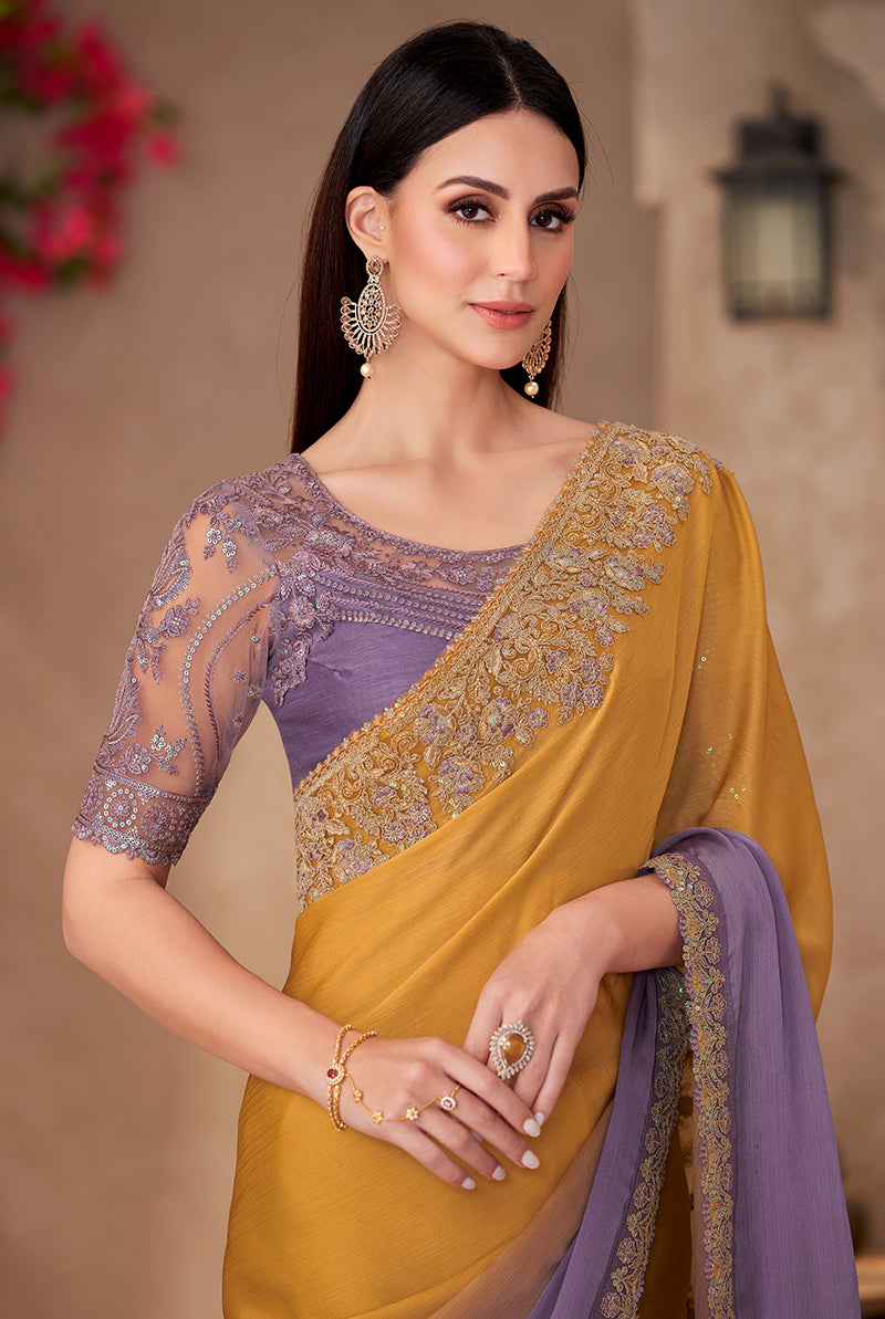 Monjolika Fashion Mustard & Lavender Purple Embroidery Work Chiffon Silk Party Wear Saree