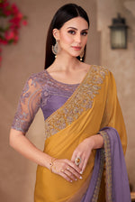 Thumbnail for Monjolika Fashion Mustard & Lavender Purple Embroidery Work Chiffon Silk Party Wear Saree