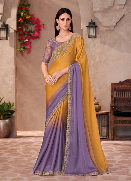 Monjolika Fashion Mustard & Lavender Purple Embroidery Work Chiffon Silk Party Wear Saree