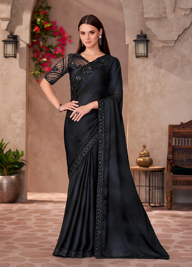 Monjolika Fashion Black Color Embroidery Work Chiffon Silk Party Wear Saree