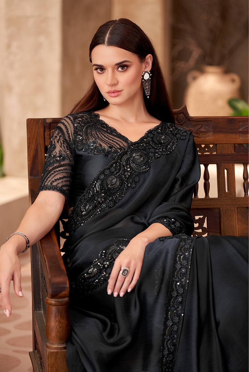 Monjolika Fashion Black Color Embroidery Work Chiffon Silk Party Wear Saree