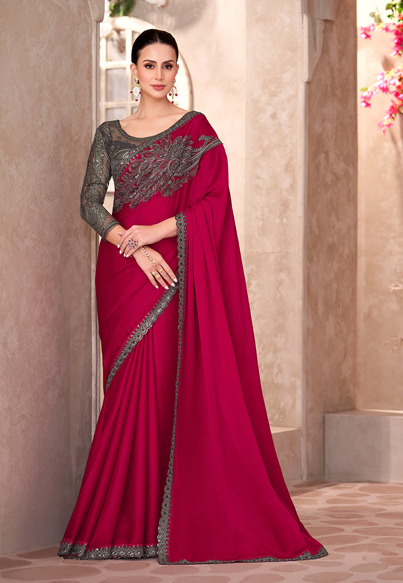 Monjolika Fashion Raspberry Color Embroidery Work Chiffon Silk Party Wear Saree