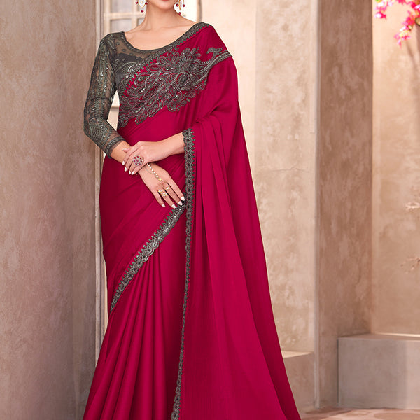 Monjolika Fashion Raspberry Color Embroidery Work Chiffon Silk Party Wear Saree - Distacart