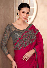 Thumbnail for Monjolika Fashion Raspberry Color Embroidery Work Chiffon Silk Party Wear Saree
