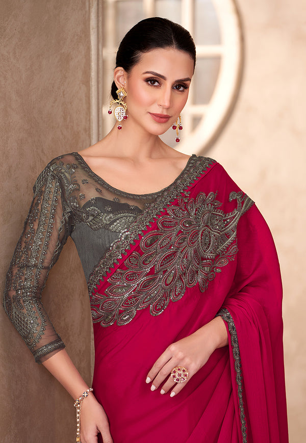 Monjolika Fashion Raspberry Color Embroidery Work Chiffon Silk Party Wear Saree