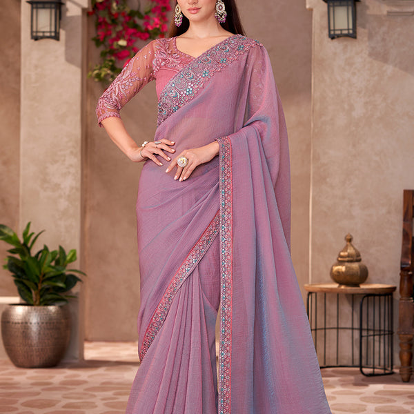 Monjolika Fashion Mauve Pink Georgette Embroidered Border Work Function Wear Saree