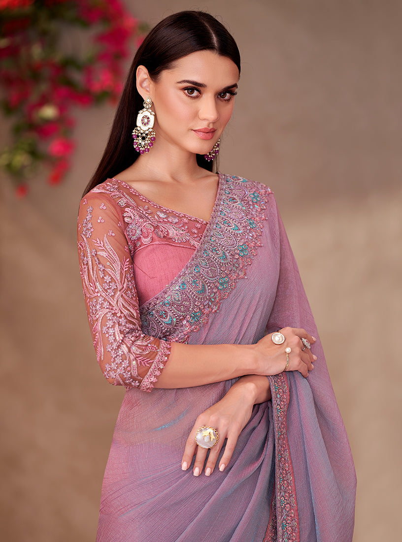 Monjolika Fashion Mauve Pink Georgette Embroidered Border Work Function Wear Saree