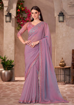 Thumbnail for Monjolika Fashion Mauve Pink Georgette Embroidered Border Work Function Wear Saree
