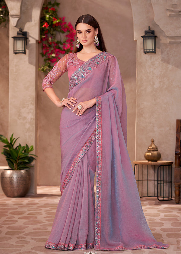 Monjolika Fashion Mauve Pink Georgette Embroidered Border Work Function Wear Saree