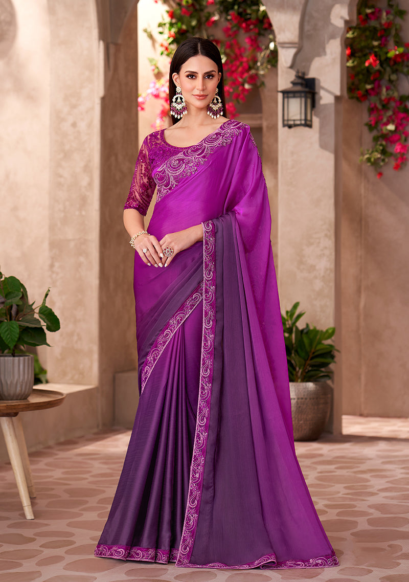 Monjolika Fashion Purple Color Embroidery Work Chiffon Silk Party Wear Saree