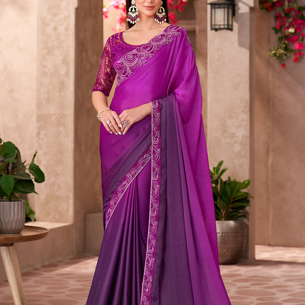 Monjolika Fashion Purple Color Embroidery Work Chiffon Silk Party Wear Saree - Distacart