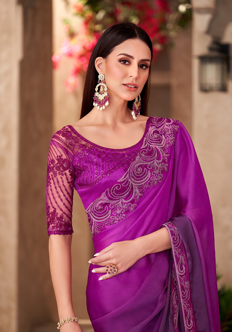 Monjolika Fashion Purple Color Embroidery Work Chiffon Silk Party Wear Saree