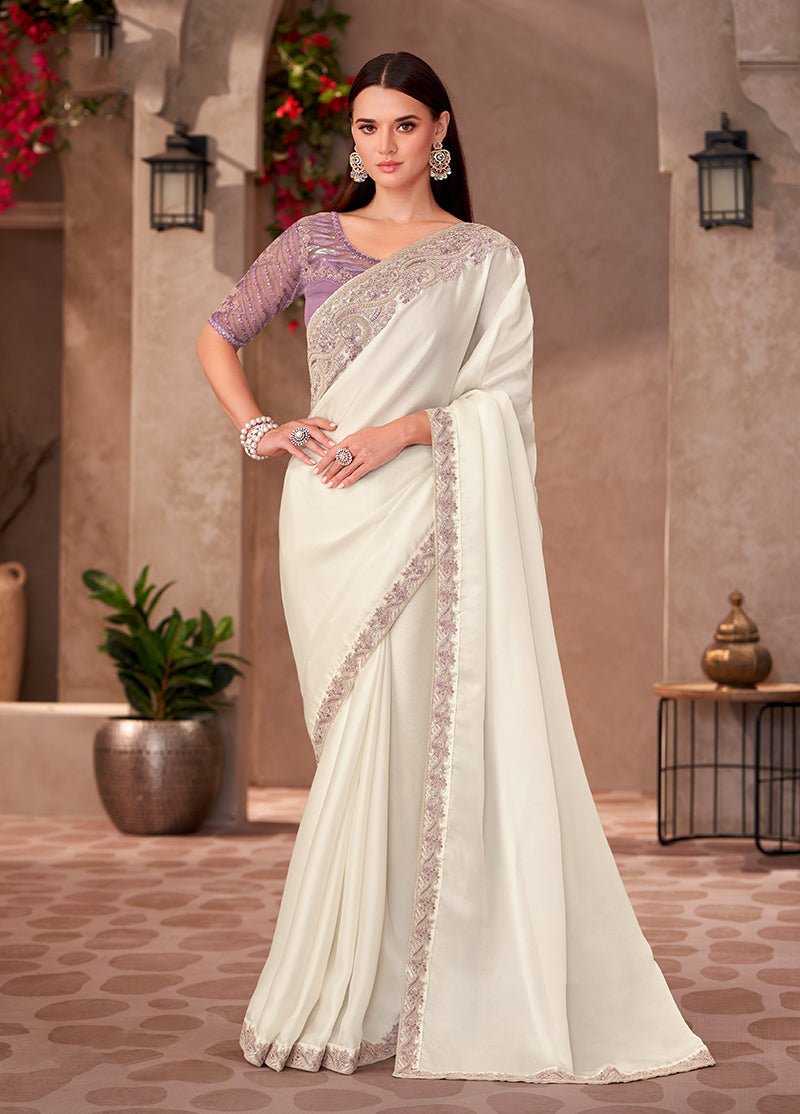 Monjolika Fashion White Georgette Embroidered Border Work Party Wear Saree