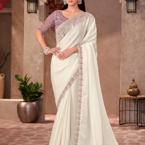 Monjolika Fashion White Georgette Embroidered Border Work Party Wear Saree - Distacart