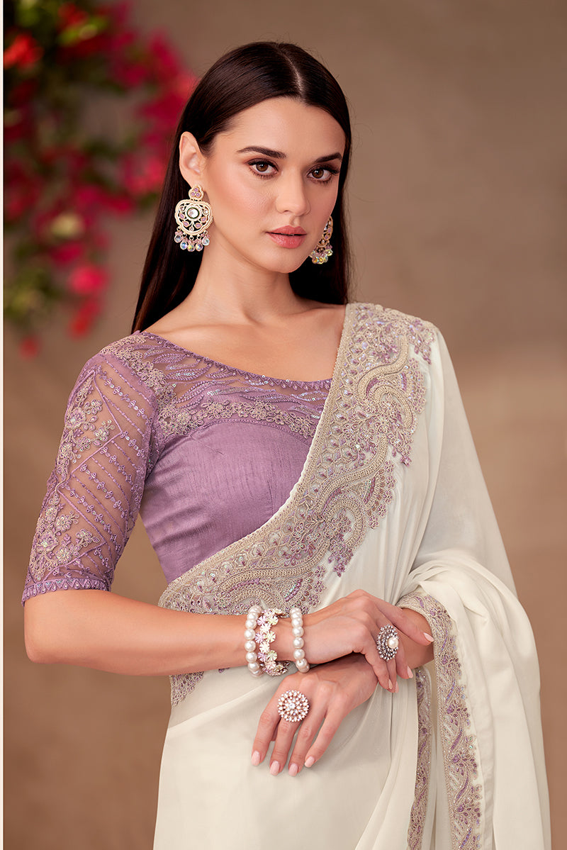 Monjolika Fashion White Georgette Embroidered Border Work Party Wear Saree