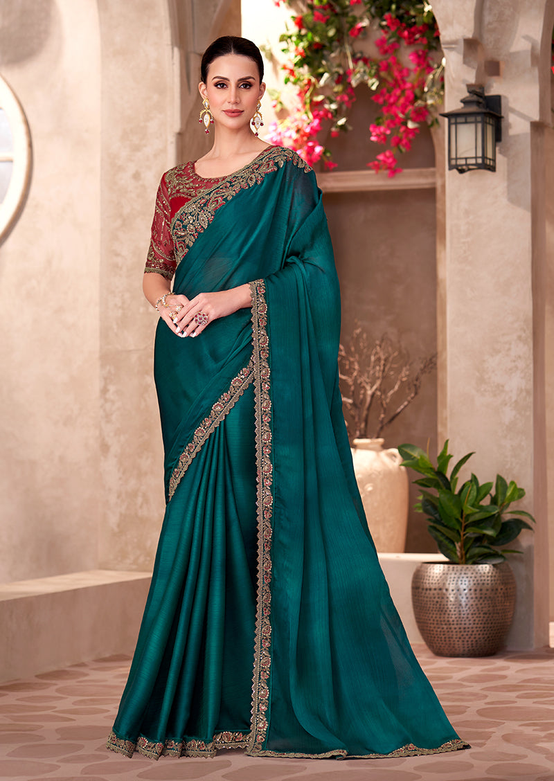 Monjolika Fashion Teal Green Color Embroidery Work Chiffon Silk Party Wear Saree