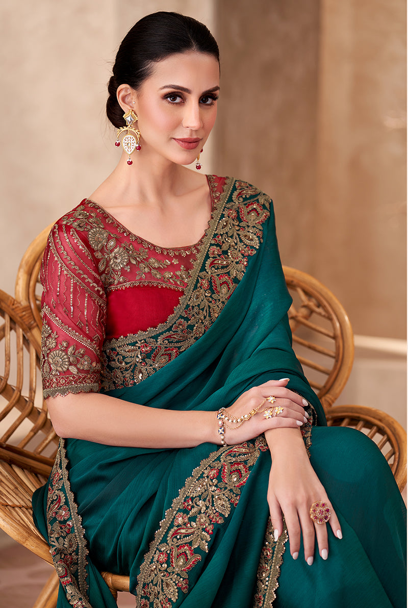 Monjolika Fashion Teal Green Color Embroidery Work Chiffon Silk Party Wear Saree