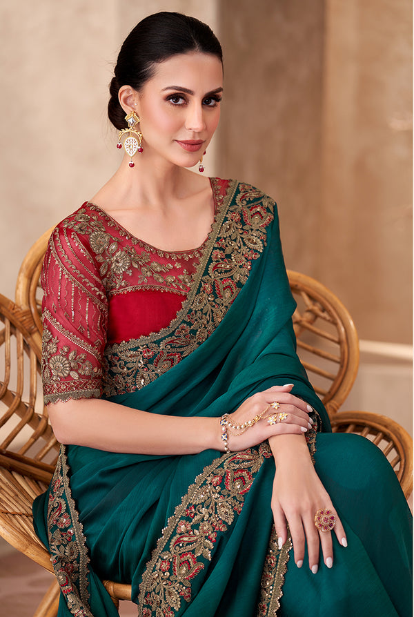 Monjolika Fashion Teal Green Color Embroidery Work Chiffon Silk Party Wear Saree