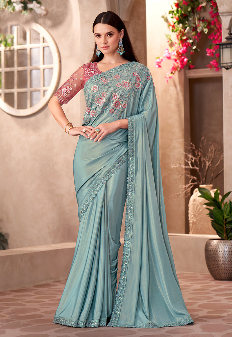 Monjolika Fashion Sky Blue Color Embroidery Work Chiffon Shimmer Silk Party Wear Saree