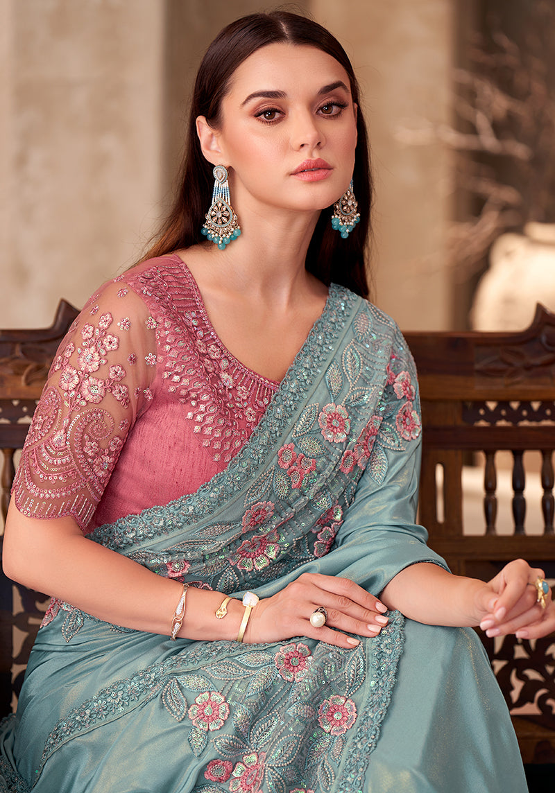 Monjolika Fashion Sky Blue Color Embroidery Work Chiffon Shimmer Silk Party Wear Saree
