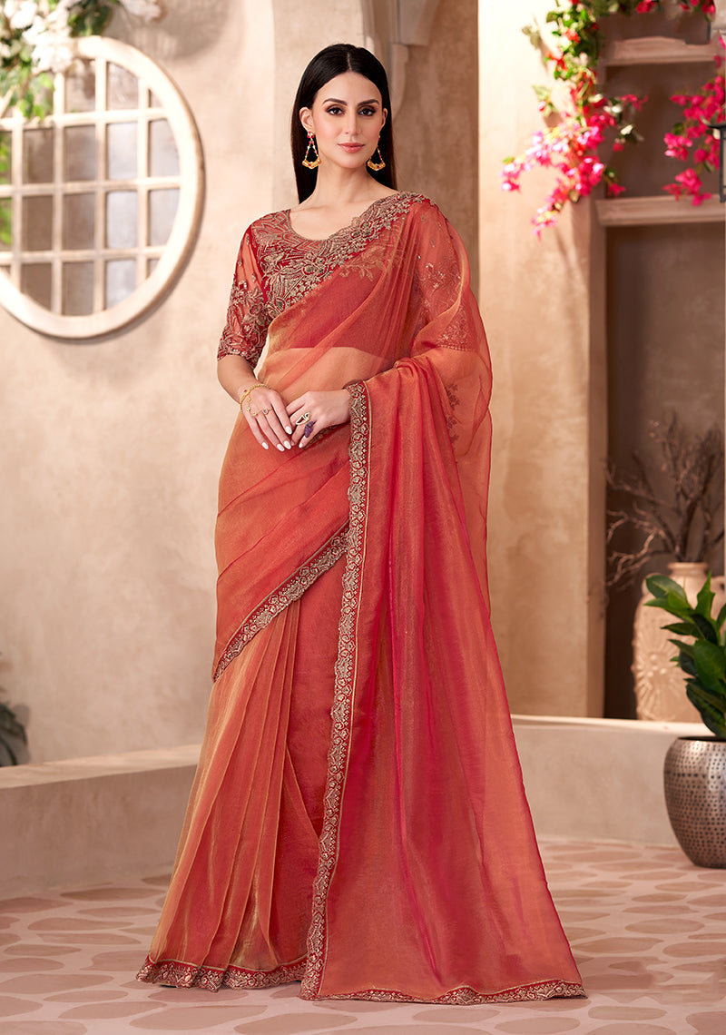 Monjolika Fashion Rust Color Embroidery Work Tissue Silk Party Wear Saree