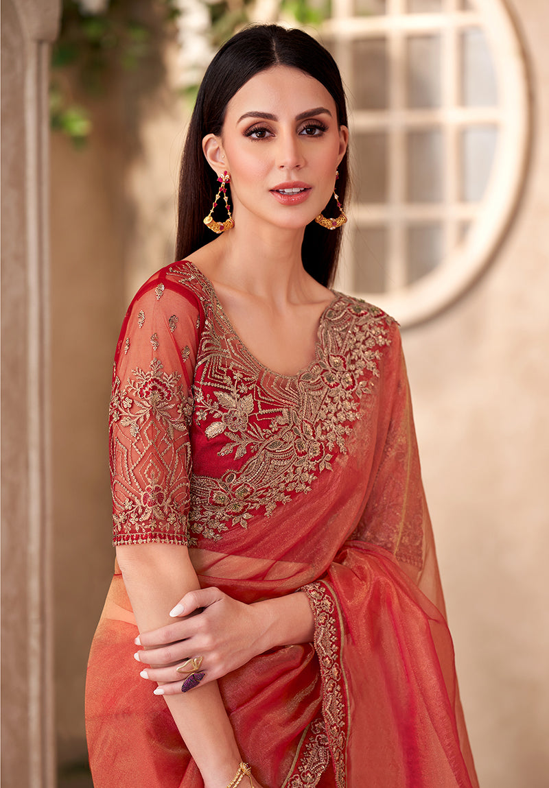 Monjolika Fashion Rust Color Embroidery Work Tissue Silk Party Wear Saree