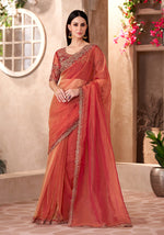 Thumbnail for Monjolika Fashion Rust Color Embroidery Work Tissue Silk Party Wear Saree