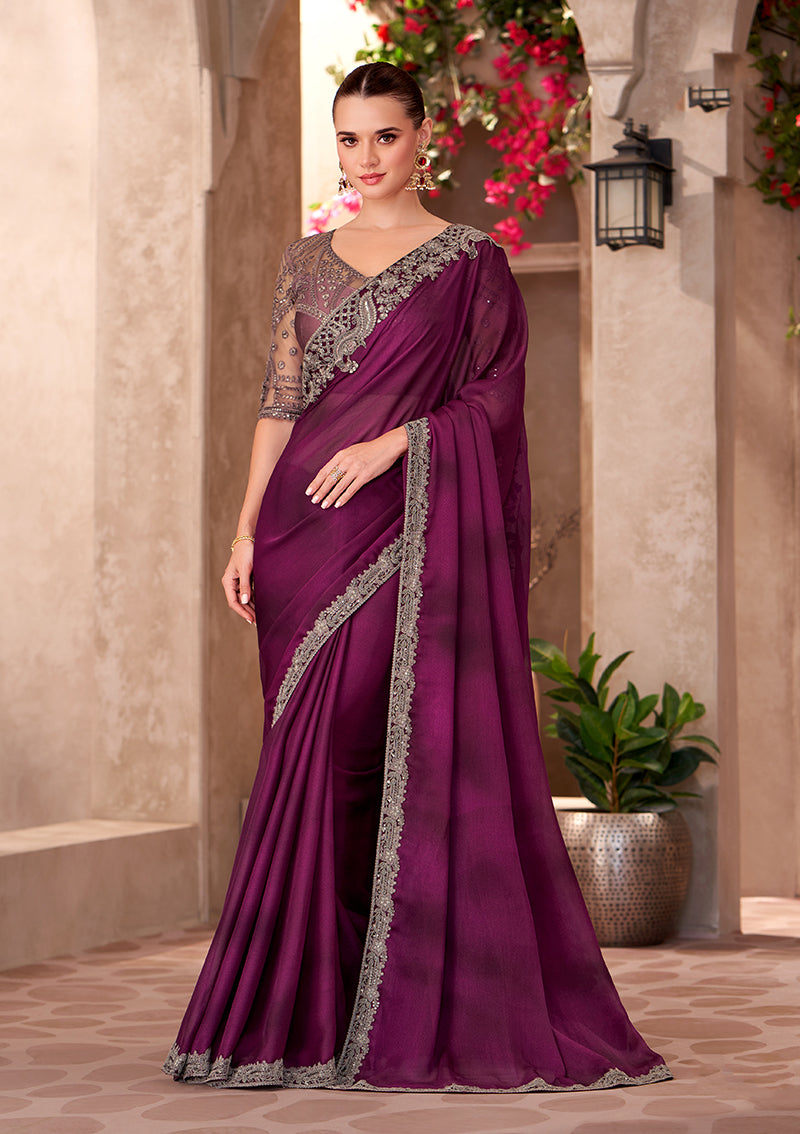 Monjolika Fashion Burgundy Color Embroidery Work Satin Chiffon Party Wear Saree