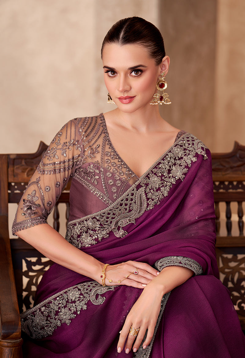 Monjolika Fashion Burgundy Color Embroidery Work Satin Chiffon Party Wear Saree