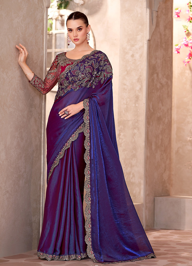 Monjolika Fashion Violet Color Embroidery Work Chiffon Silk Party Wear Saree