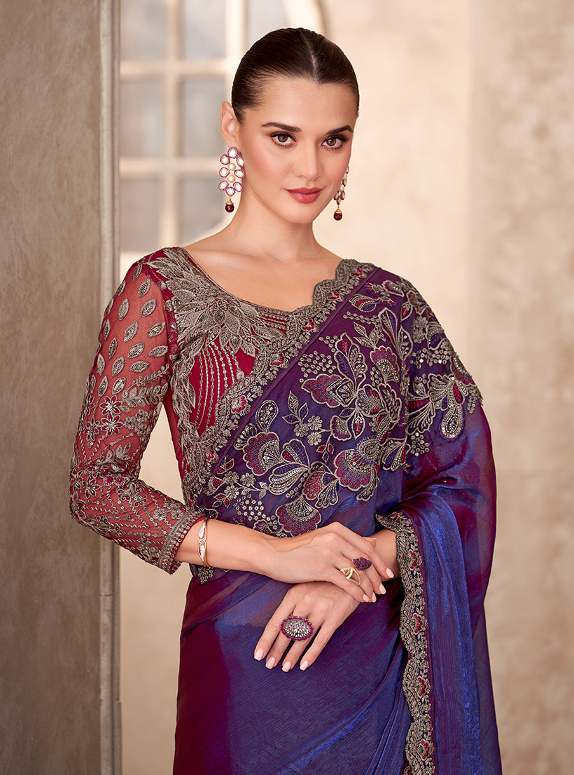 Monjolika Fashion Violet Color Embroidery Work Chiffon Silk Party Wear Saree