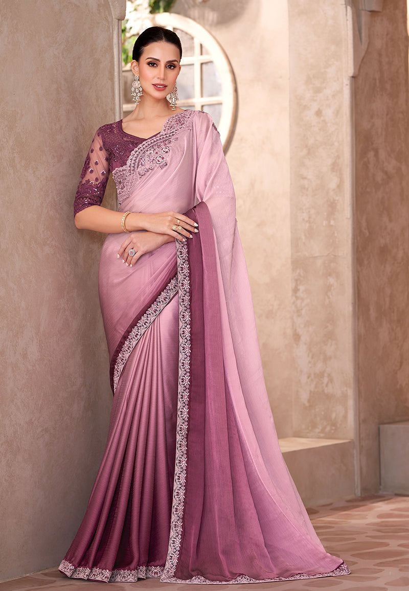 Monjolika Fashion Multicolor Embroidery Work Chiffon Silk Party Wear Saree