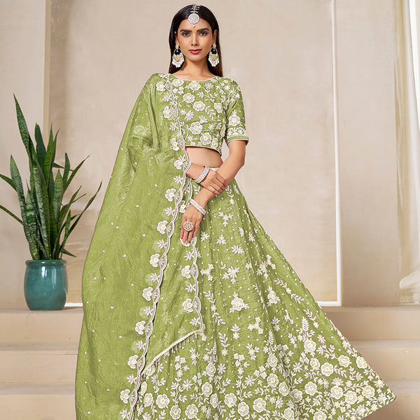 Monjolika Fashion Light Olive Embroidered Crush Organza Lehenga Choli - Distacart