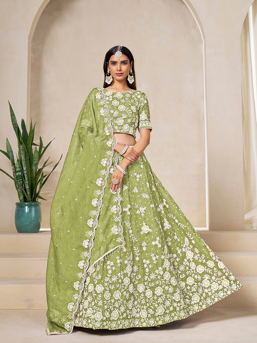 Monjolika Fashion Light Olive Embroidered Crush Organza Lehenga Choli