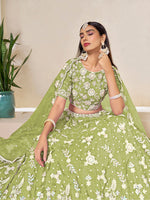 Thumbnail for Monjolika Fashion Light Olive Embroidered Crush Organza Lehenga Choli - Distacart