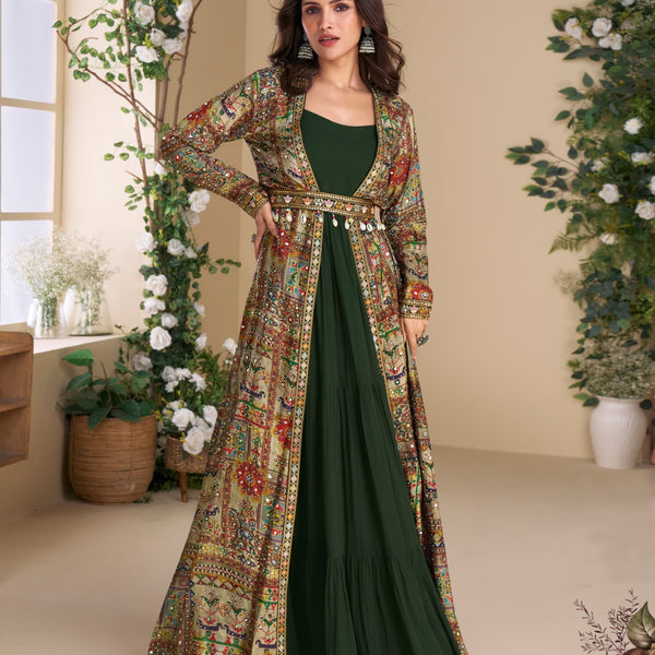 Anaita Dark Green Heavy Fox Georgette Anarkali Shrug Suit With Silk Print - Distacart