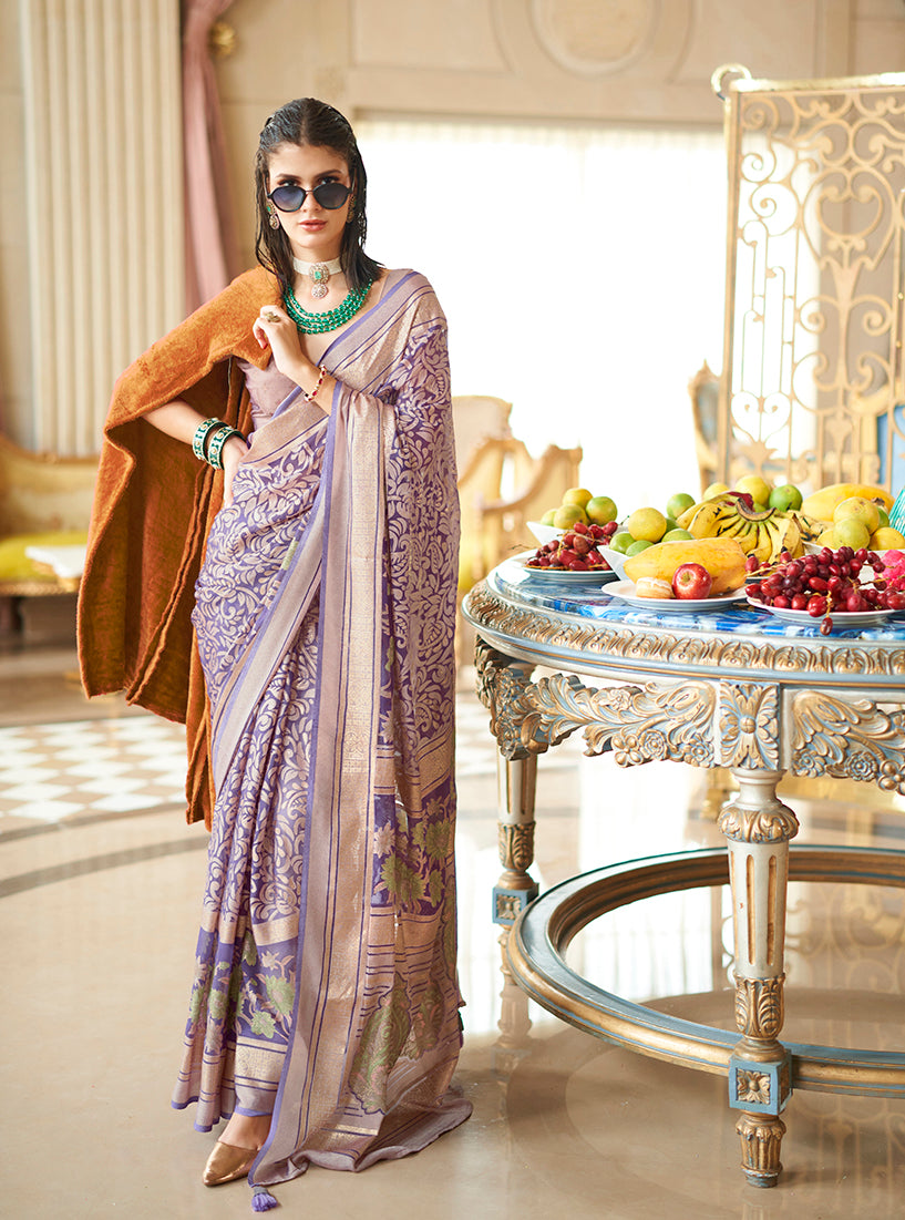 Monjolika Fashion Lavender Fancy Foil Print Work Georgette Classic Saree