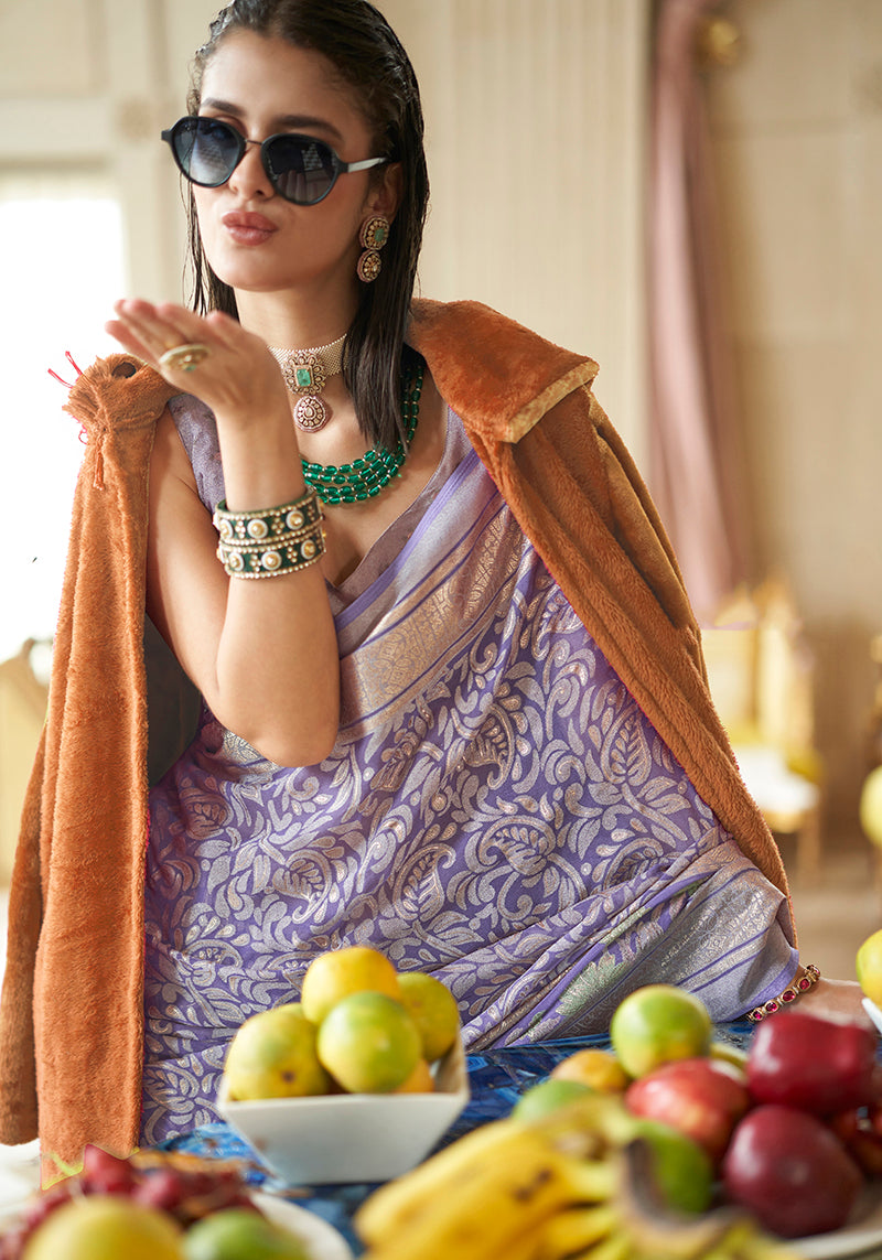 Monjolika Fashion Lavender Fancy Foil Print Work Georgette Classic Saree