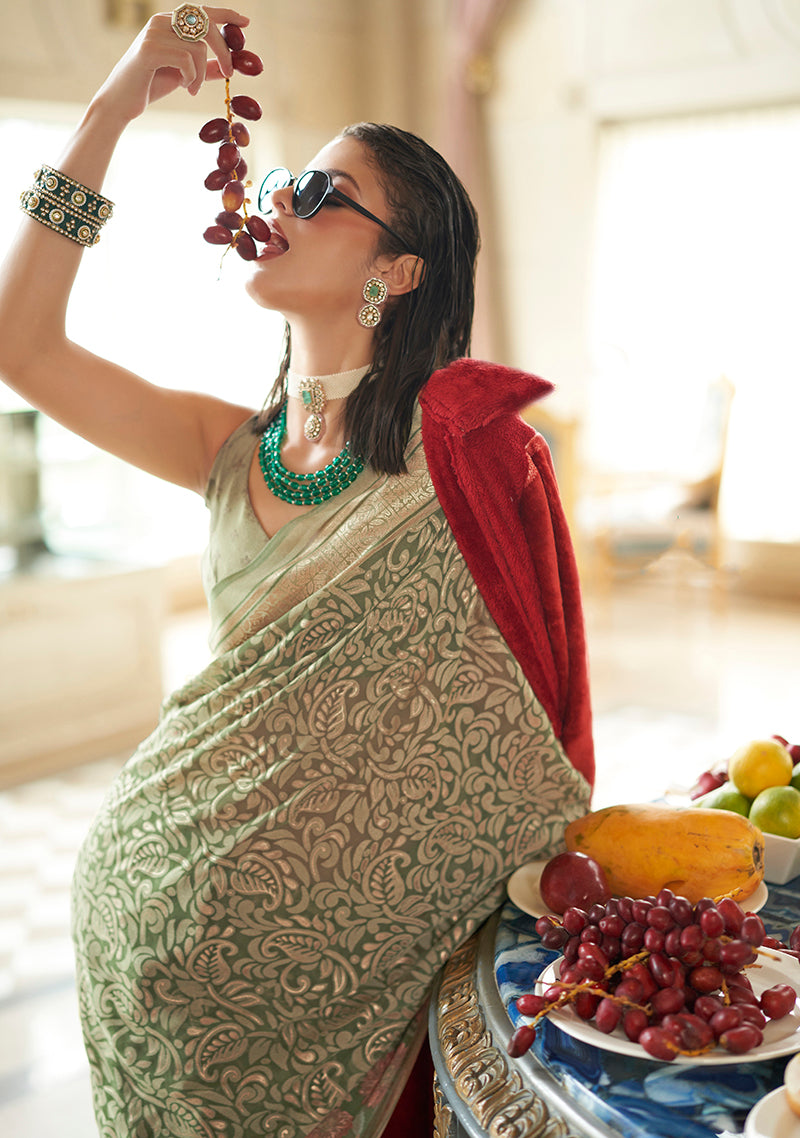 Monjolika Fashion Light Green Fancy Foil Print Work Georgette Classic Saree