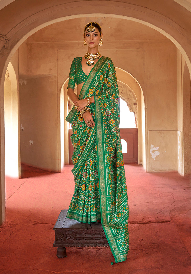Monjolika Fashion Green Silk Patola Design Saree for Festival