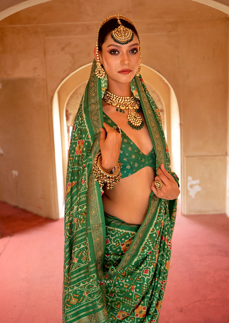 Monjolika Fashion Green Silk Patola Design Saree for Festival