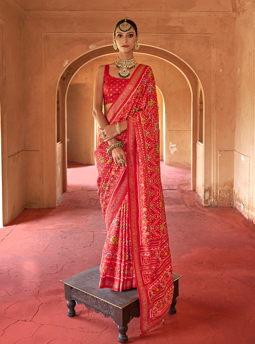 Monjolika Fashion Red Silk Patola Design Saree for Festival